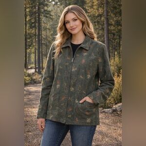 Woolrich Women’s Dark Green Loden Leaf Print Zip Lightweight Jacket Cabincore L